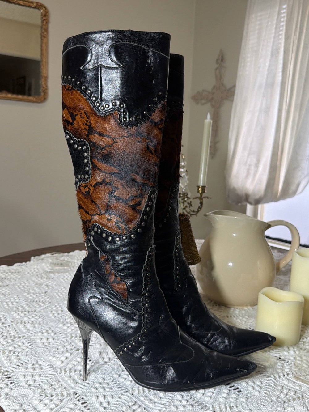 Wild Pair Black Leather and Brown Fur Studded Western Stiletto Boots